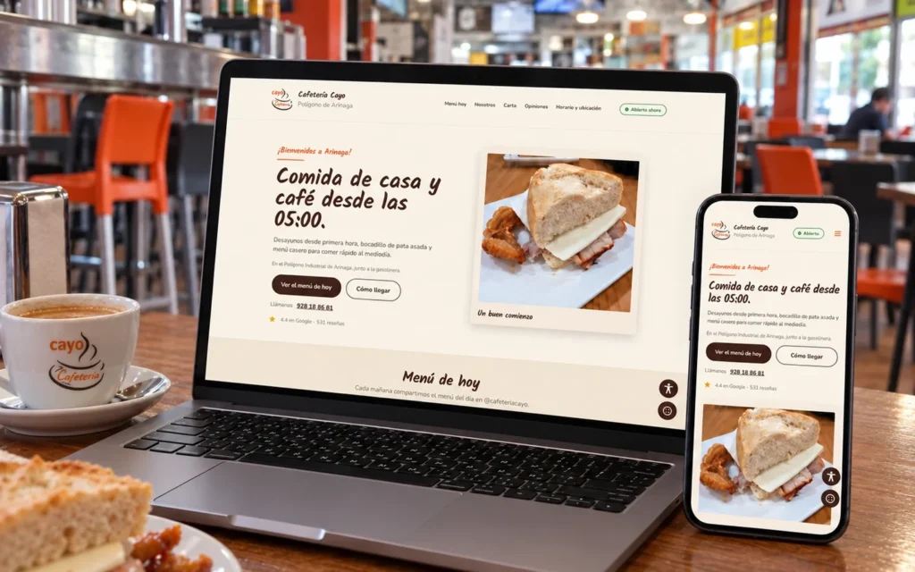 Web de Cafetería Cayo en portátil y móvil, con el menú del día y los horarios